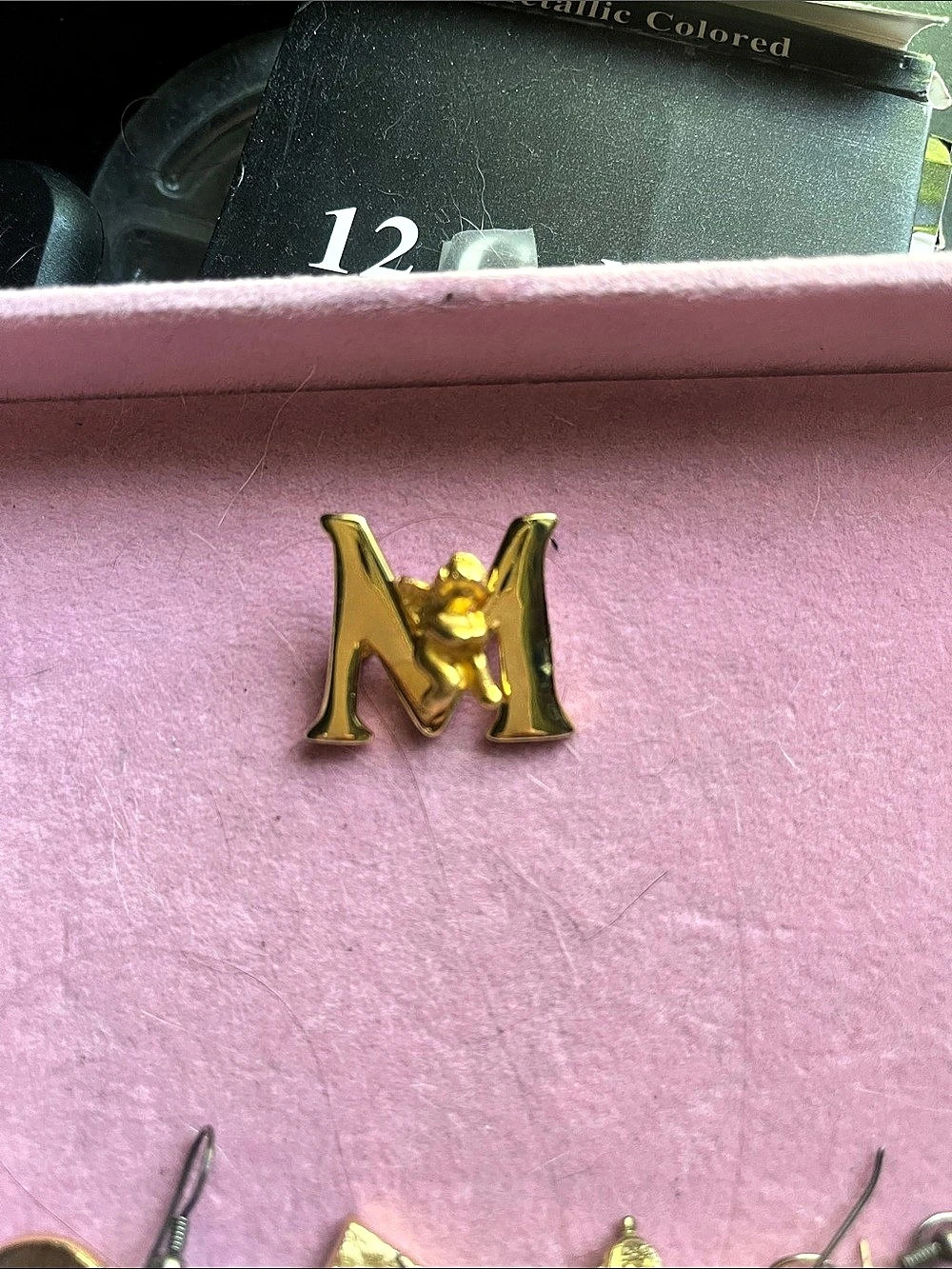 Gold-Tone Initial M Brooch Pin with Cherub